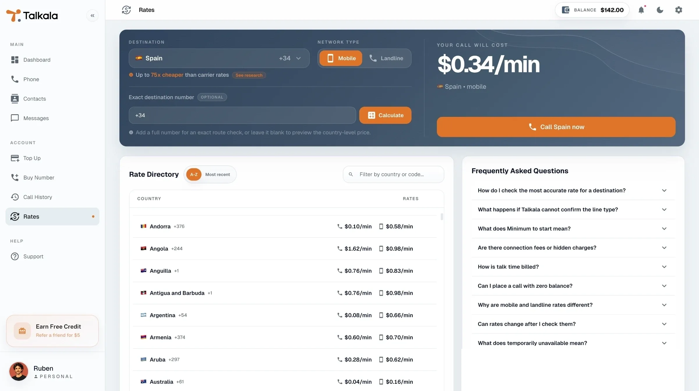 Talkala rates page showing country pricing before a call