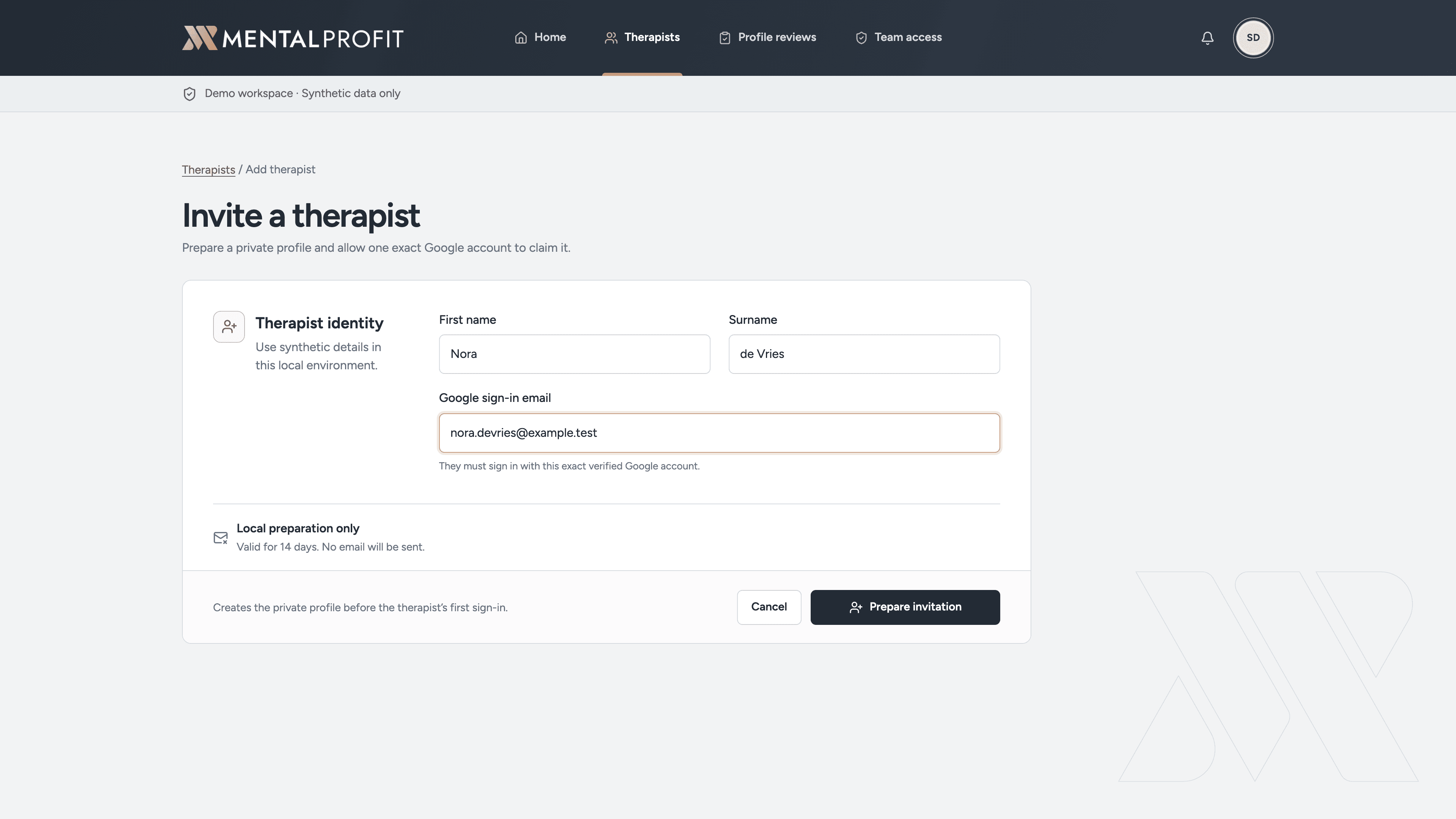 Synthetic Mental Profit invitation form for preparing a private therapist profile