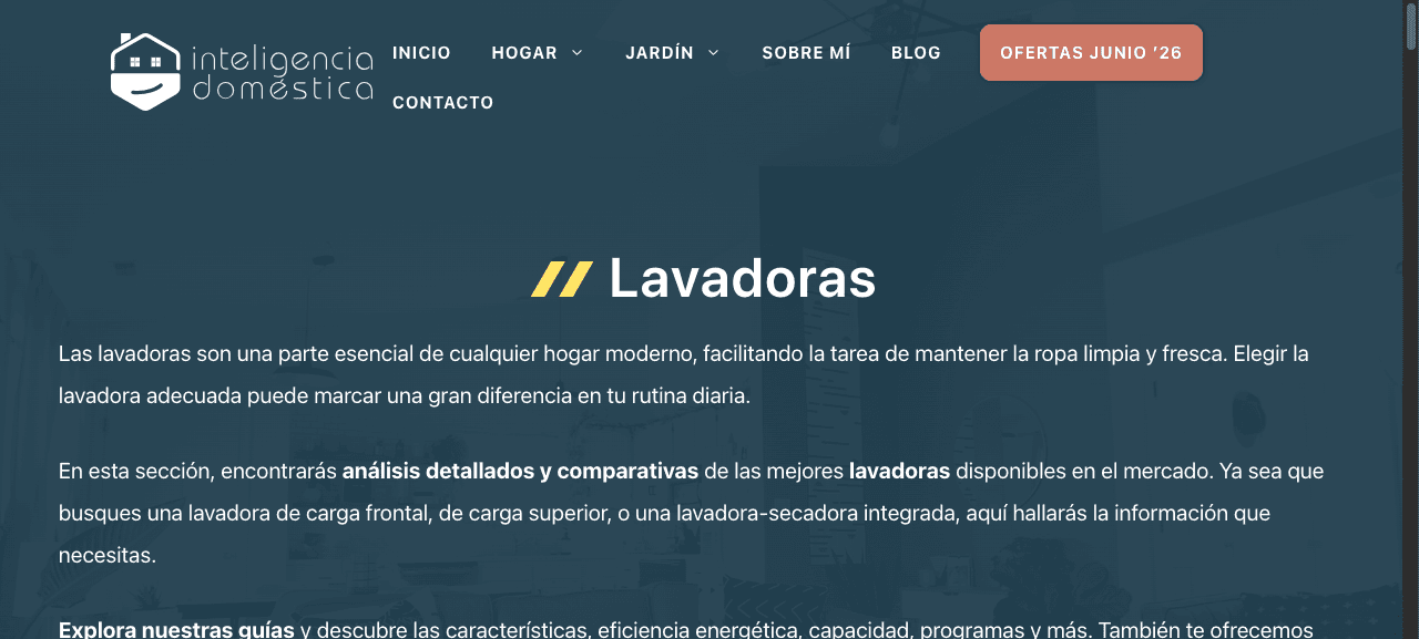 Inteligencia Doméstica washing machine category page with buying guides and comparisons