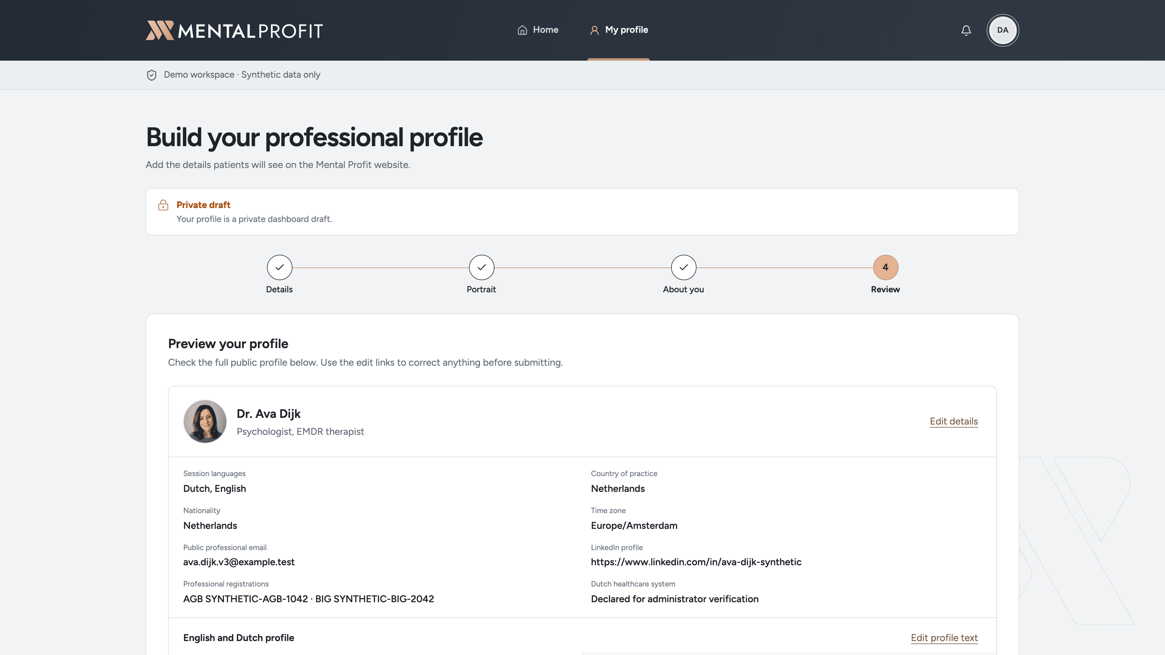 Synthetic Mental Profit therapist review screen showing a fictional professional profile