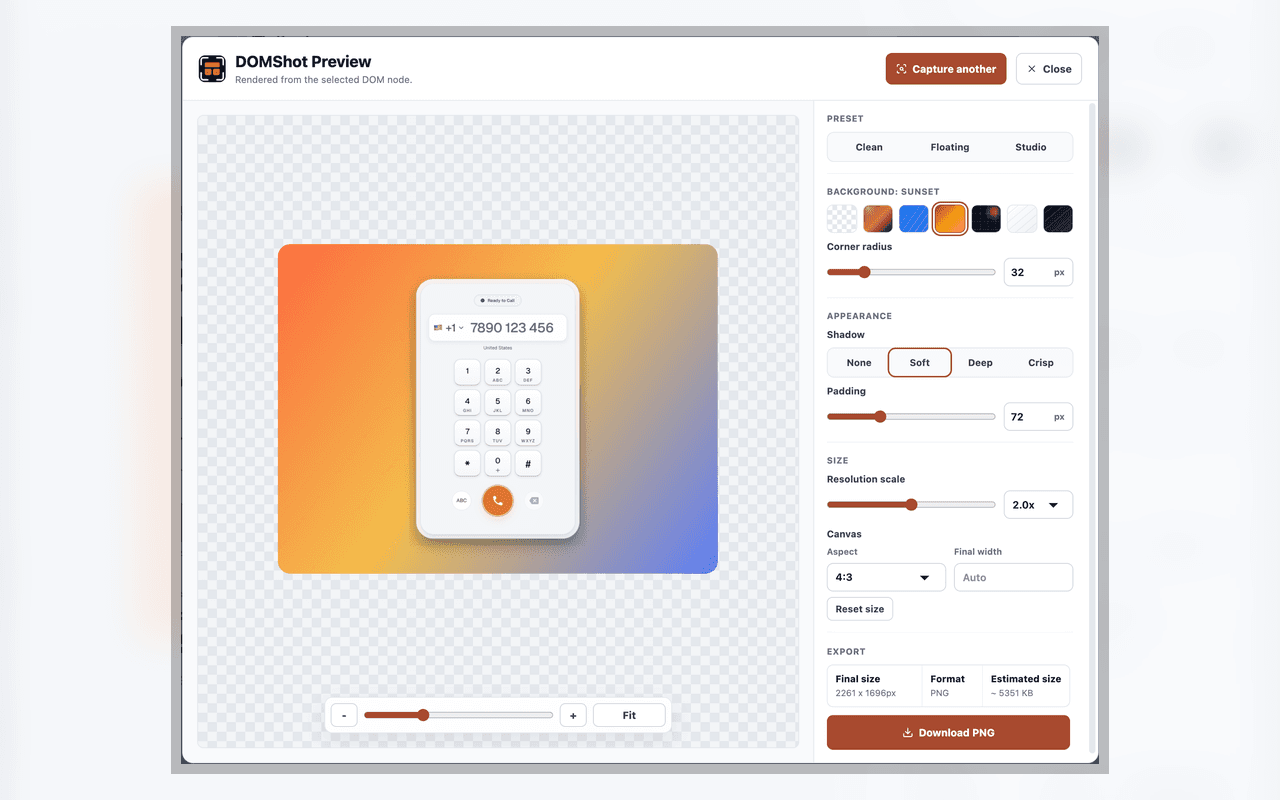 DOMShot editor previewing a styled dialer capture ready for PNG export