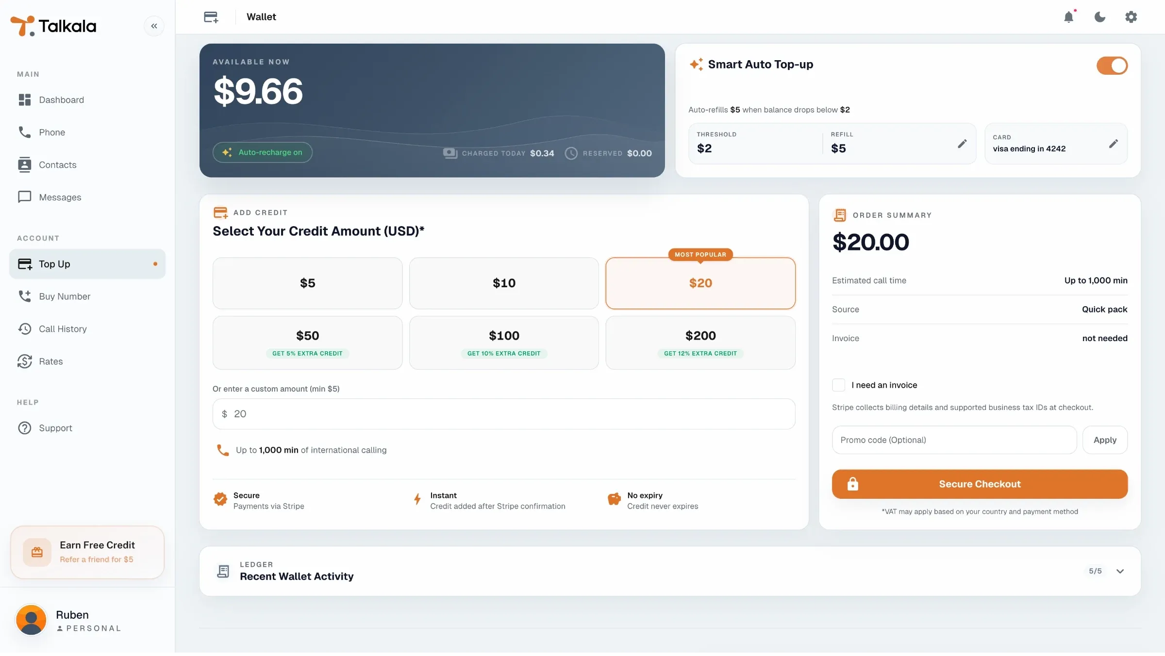 Talkala prepaid wallet showing balance, auto top-up, credit options, and recent wallet activity