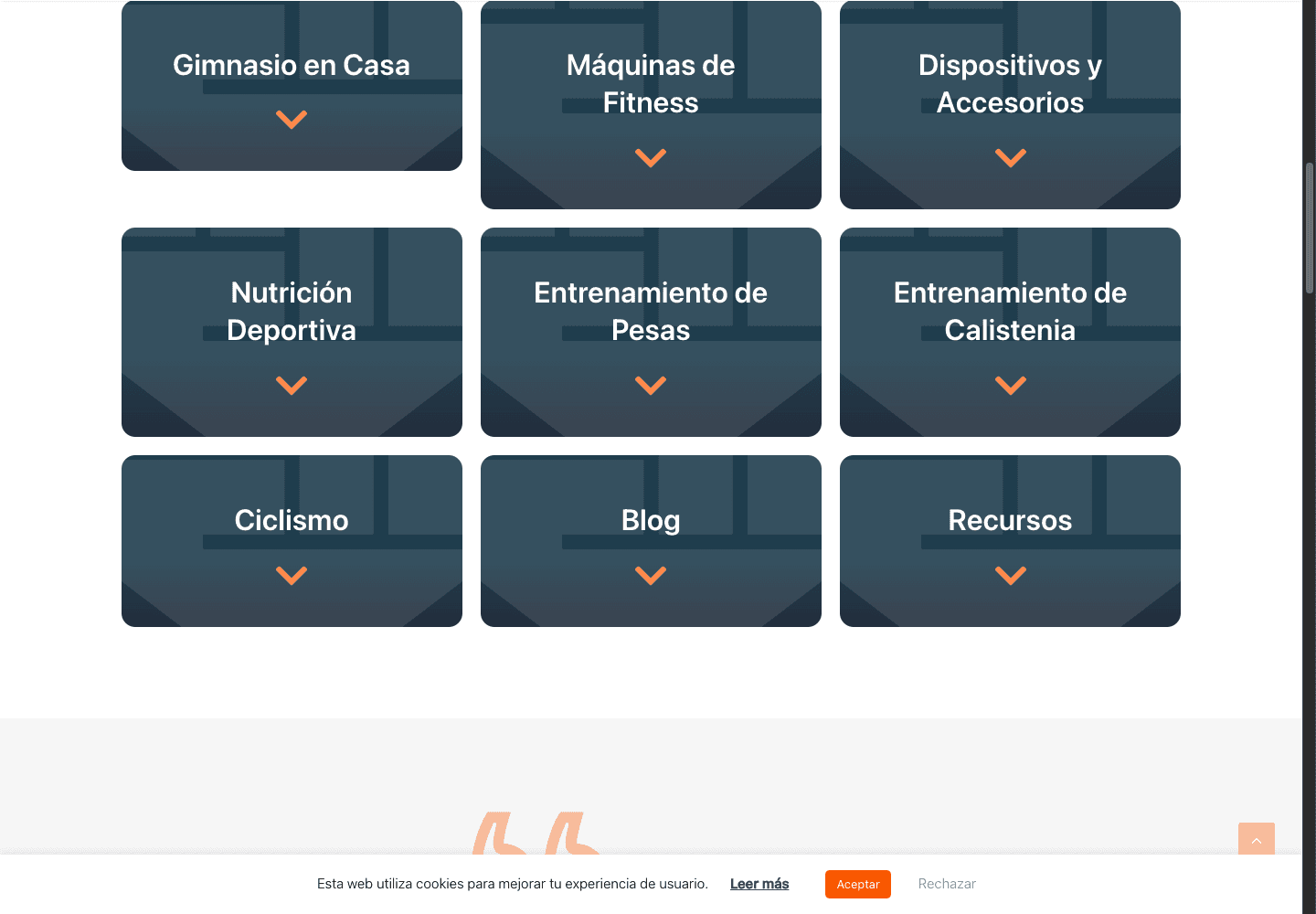 Fuerte Sin Gym category grid for home gyms, fitness machines, accessories, nutrition, weights, and calisthenics